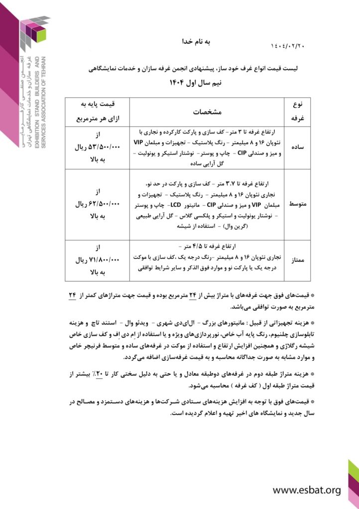 لیست قیمت انواع غرفه بر اساس مصوبه انجمن غرفه سازان لیست قیمت انواع غرفه بر اساس مصوبه انجمن غرفه سازان